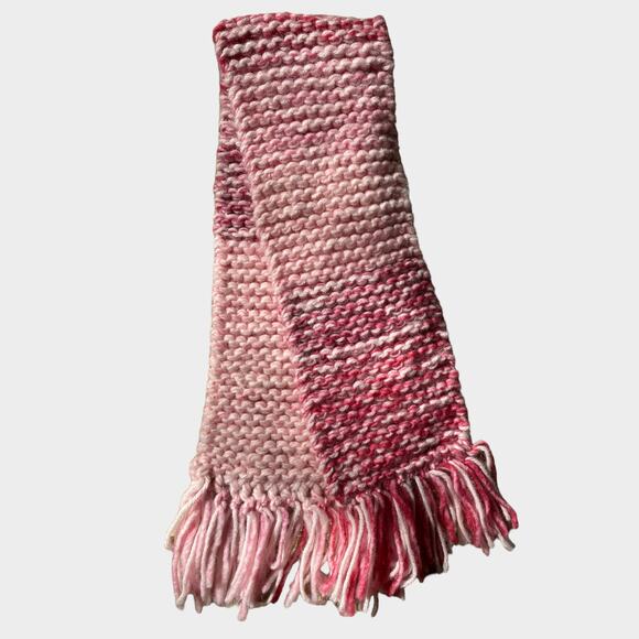 Handknit Pink Winter Scarf with Fringe Rectangel Color Block Varigated 5" x 36" - Picture 4 of 5
